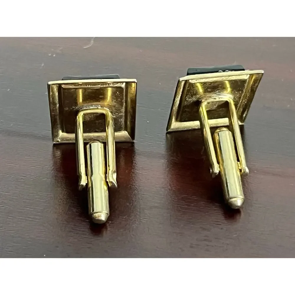 VTG Black Onyx Rhinestone Gold Tone Cufflinks Retro MCM